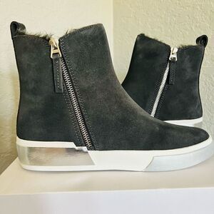 DOLCE VITA Faux Shearling Sneaker Wedge Bootie,  Black Leather, Size 8 1/2, NWT‎